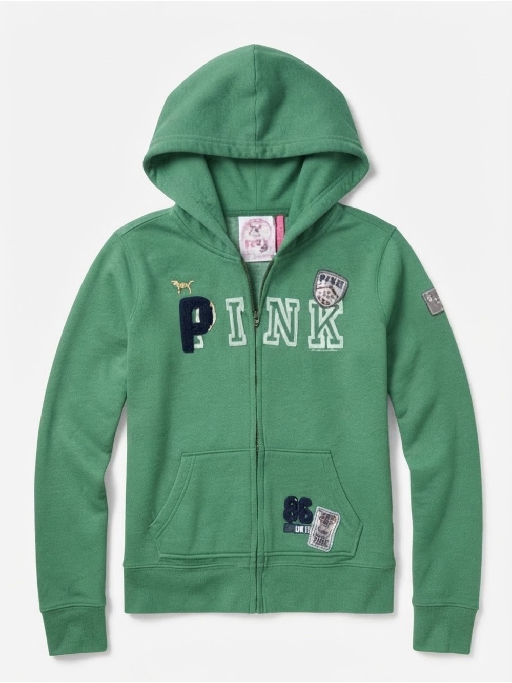Victoria’s Secret PINK Green Full Zip Hoodie Sweatshirt Collegiate Graphic Sz L